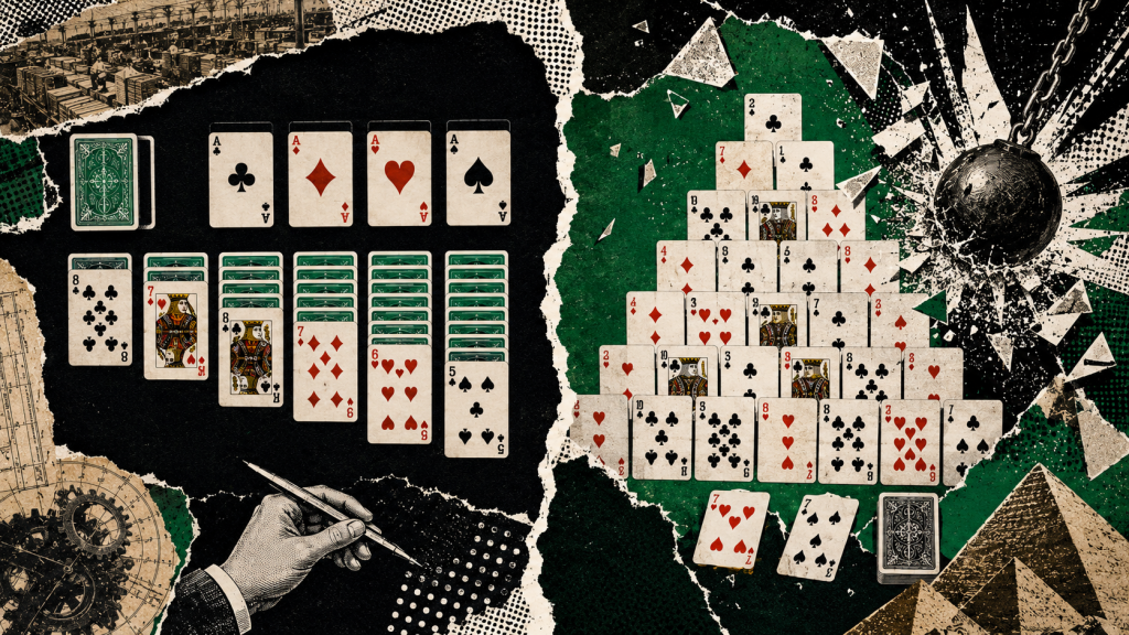 Split collage showing draw one Klondike on the left and a larger draw three Solitaire layout on the right with playing cards, torn paper textures, and high-contrast green and black artwork.