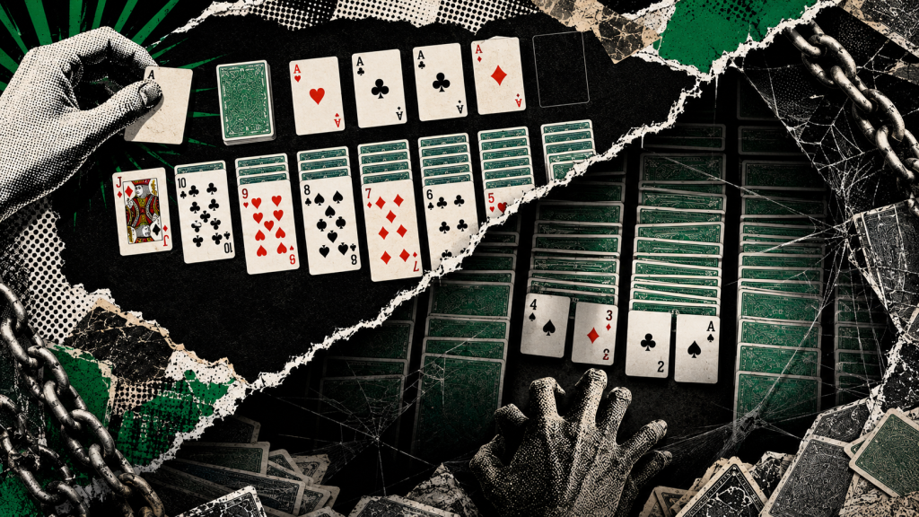 A tense Klondike Solitaire layout shows hidden tableau cards, foundation piles, and a difficult board position.