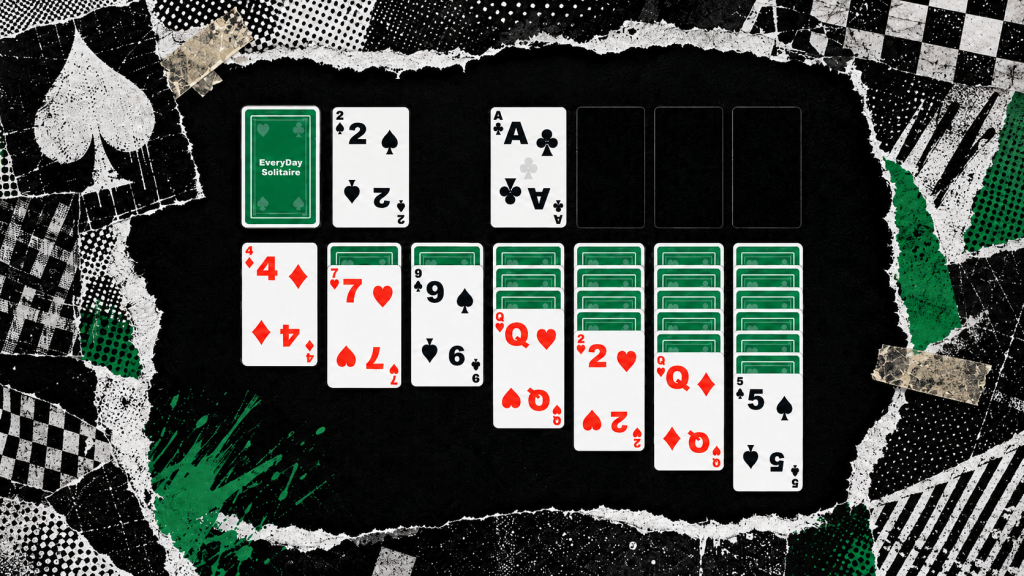 A Klondike Solitaire card layout on a dark table with punk rock collage textures, torn paper, green accents, and xerox-style noise.