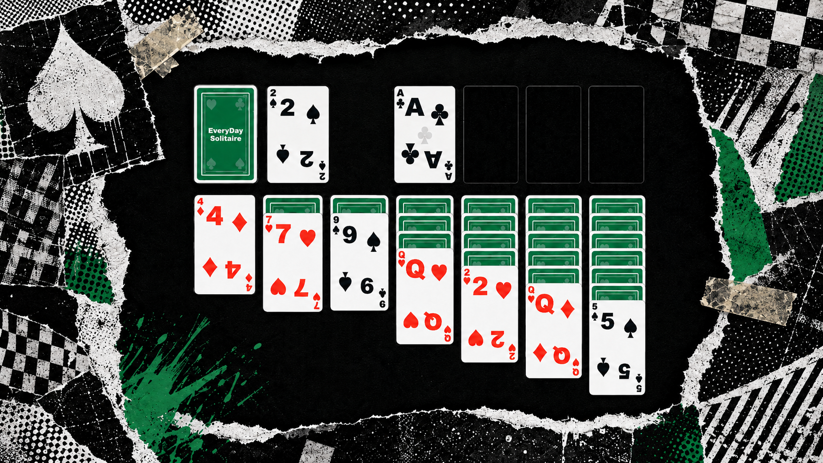 A Klondike Solitaire card layout on a dark table with punk rock collage textures, torn paper, green accents, and xerox-style noise.