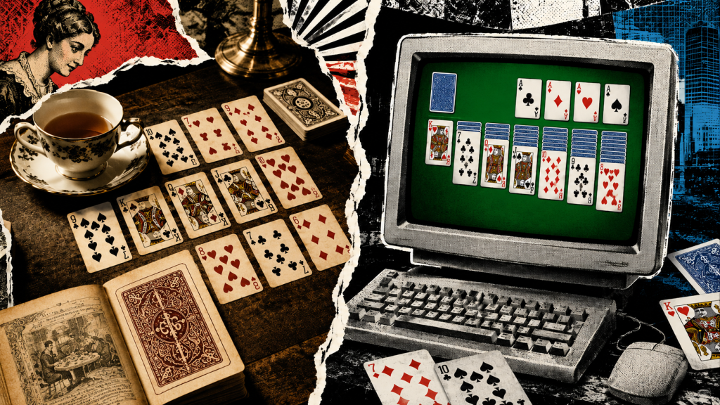 Split collage of vintage patience cards beside a retro computer screen showing a Klondike Solitaire layout.