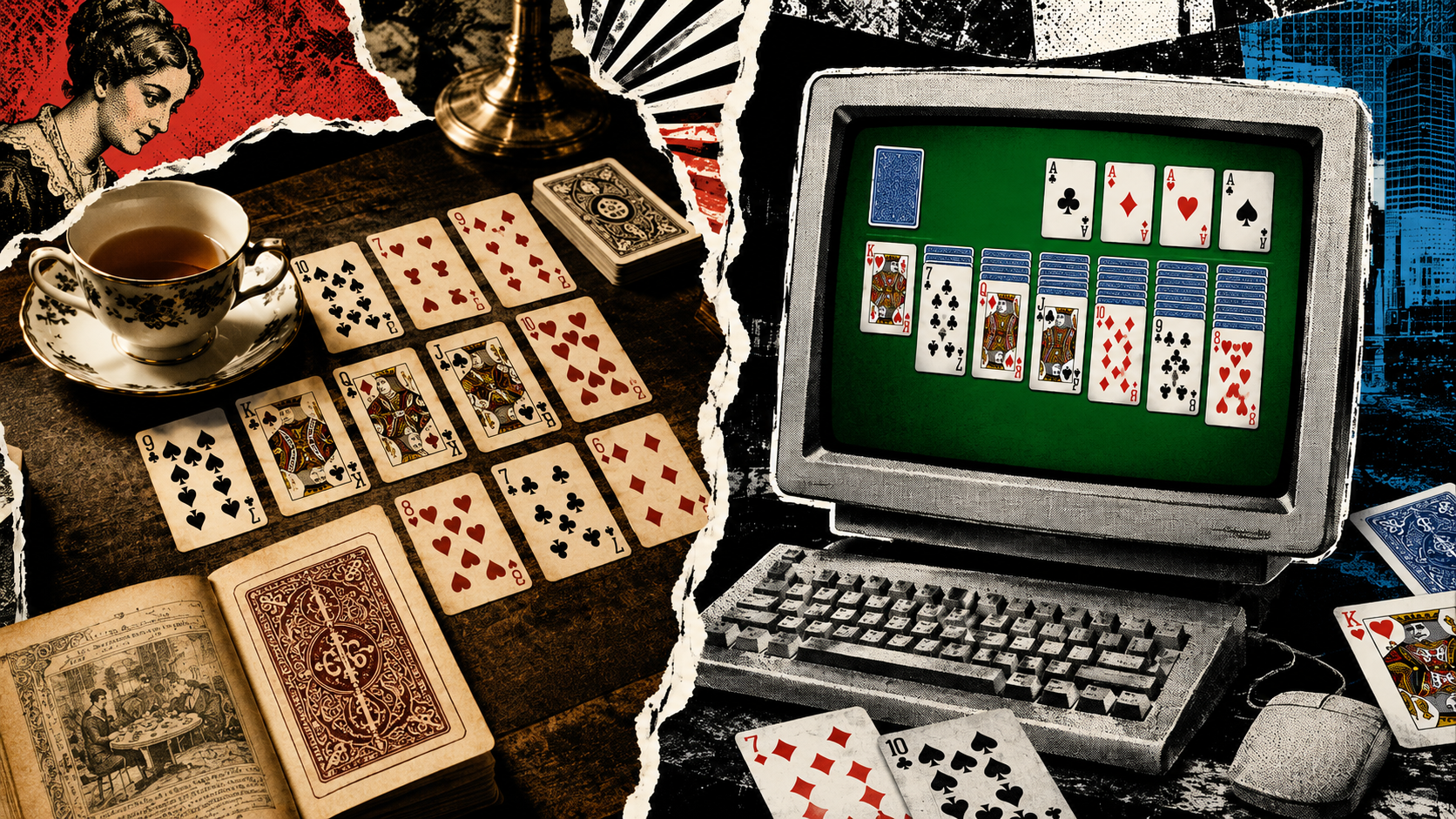 Split collage of vintage patience cards beside a retro computer screen showing a Klondike Solitaire layout.