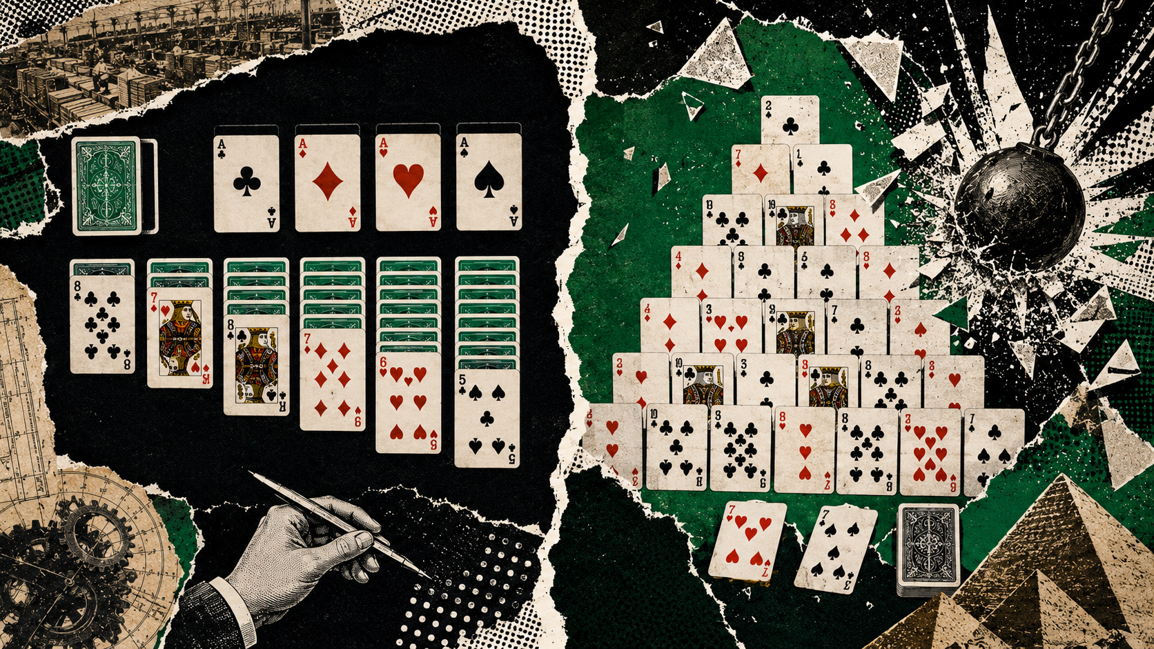Split collage showing draw one Klondike on the left and a larger draw three Solitaire layout on the right with playing cards, torn paper textures, and high-contrast green and black artwork.